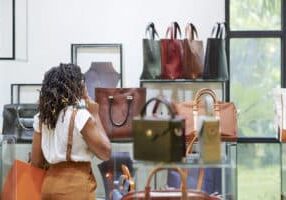 Rear view of African woman with beautiful hairstyle standing and choosing the bag from leather in the shop